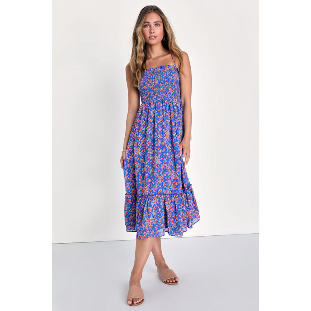 Lulus Precious Personality Blue Floral Smocked Backless Midi Dress - Size S